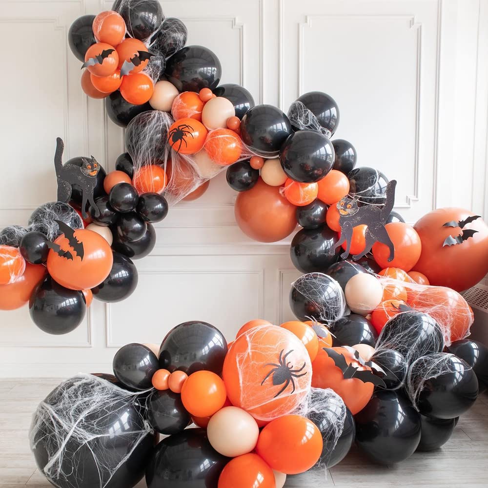 139Pcs Halloween Balloon Garland Arch Kit – Black Orange Mylar Spider & Bat Balloons with 3D Stickers for Indoor Outdoor Party Decor