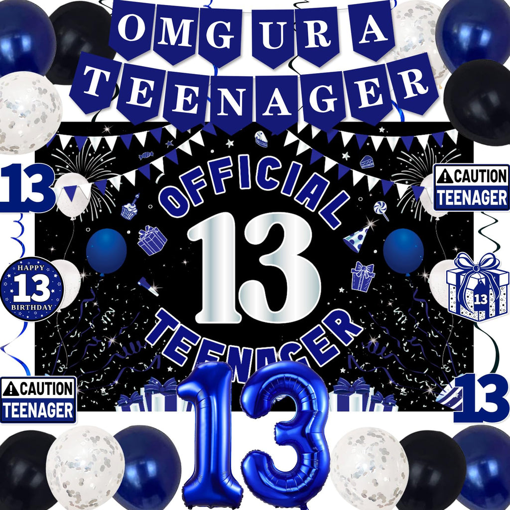 13th Birthday Decorations for Boys Girls - Blue Black OMG UR A TEENAGER Set by TAOTOSUNE