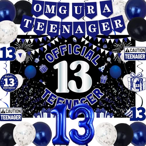 13th Birthday Decorations for Boys Girls - Blue Black OMG UR A TEENAGER Set by TAOTOSUNE