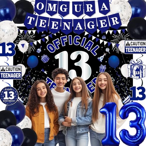 13th Birthday Decorations for Boys Girls - Blue Black OMG UR A TEENAGER Set by TAOTOSUNE
