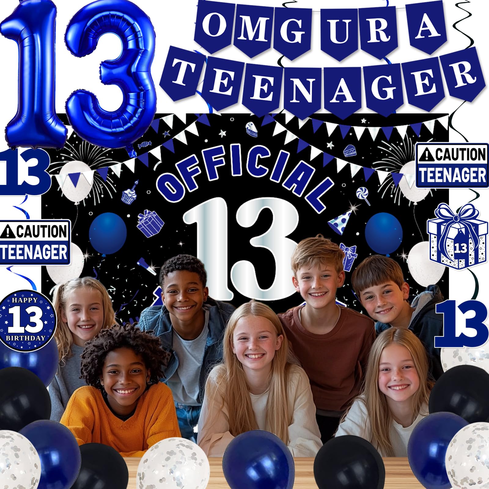 13th Birthday Decorations for Boys Girls - Blue Black OMG UR A TEENAGER Set by TAOTOSUNE