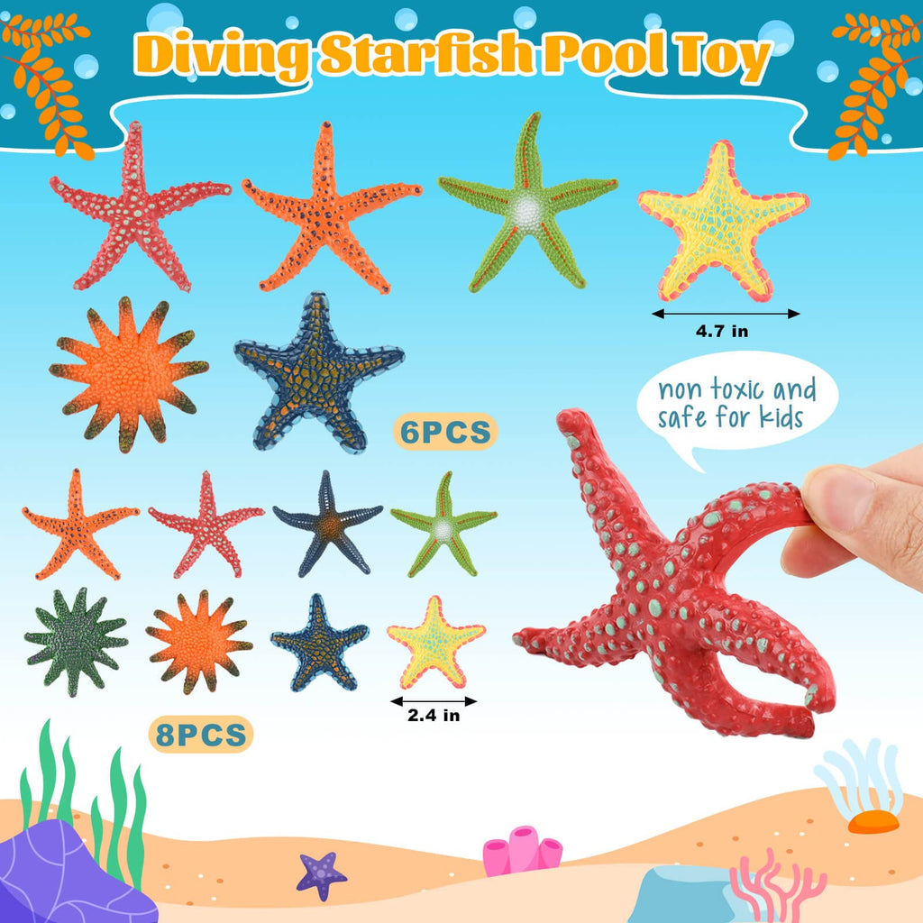14 Colorful Diving Starfish Pool Toys - 6 Large & 8 Small, Sturdy Plastic, Easy to See Underwater