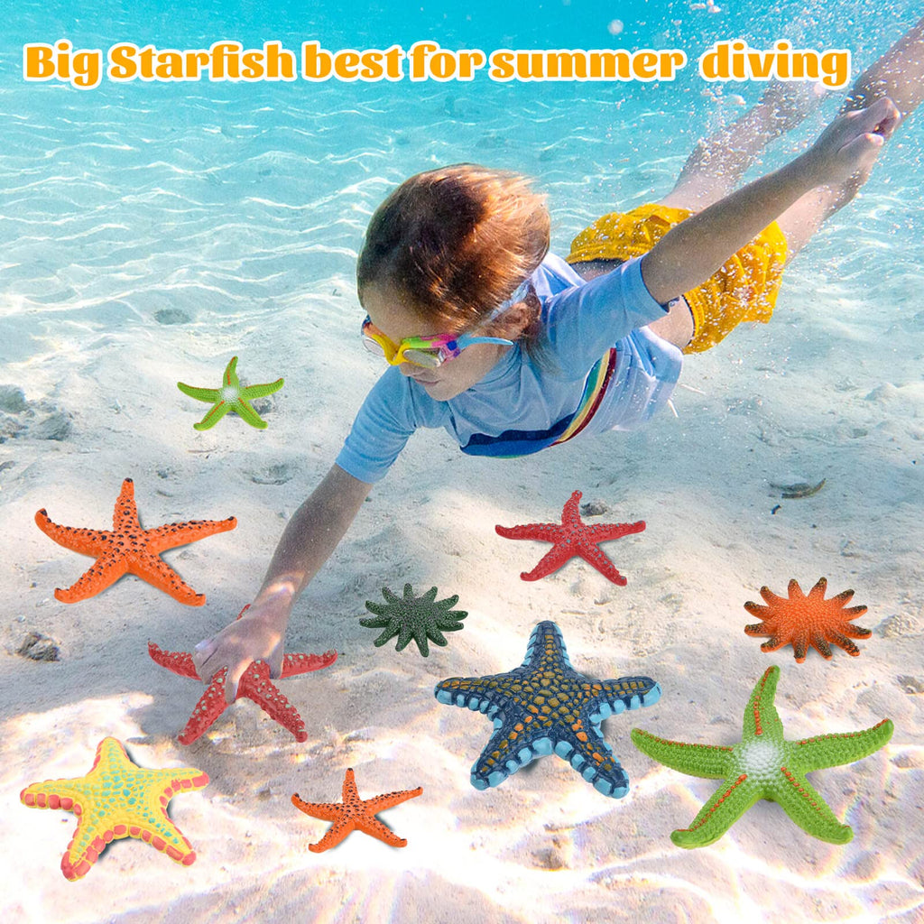 14 Colorful Diving Starfish Pool Toys - 6 Large & 8 Small, Sturdy Plastic, Easy to See Underwater