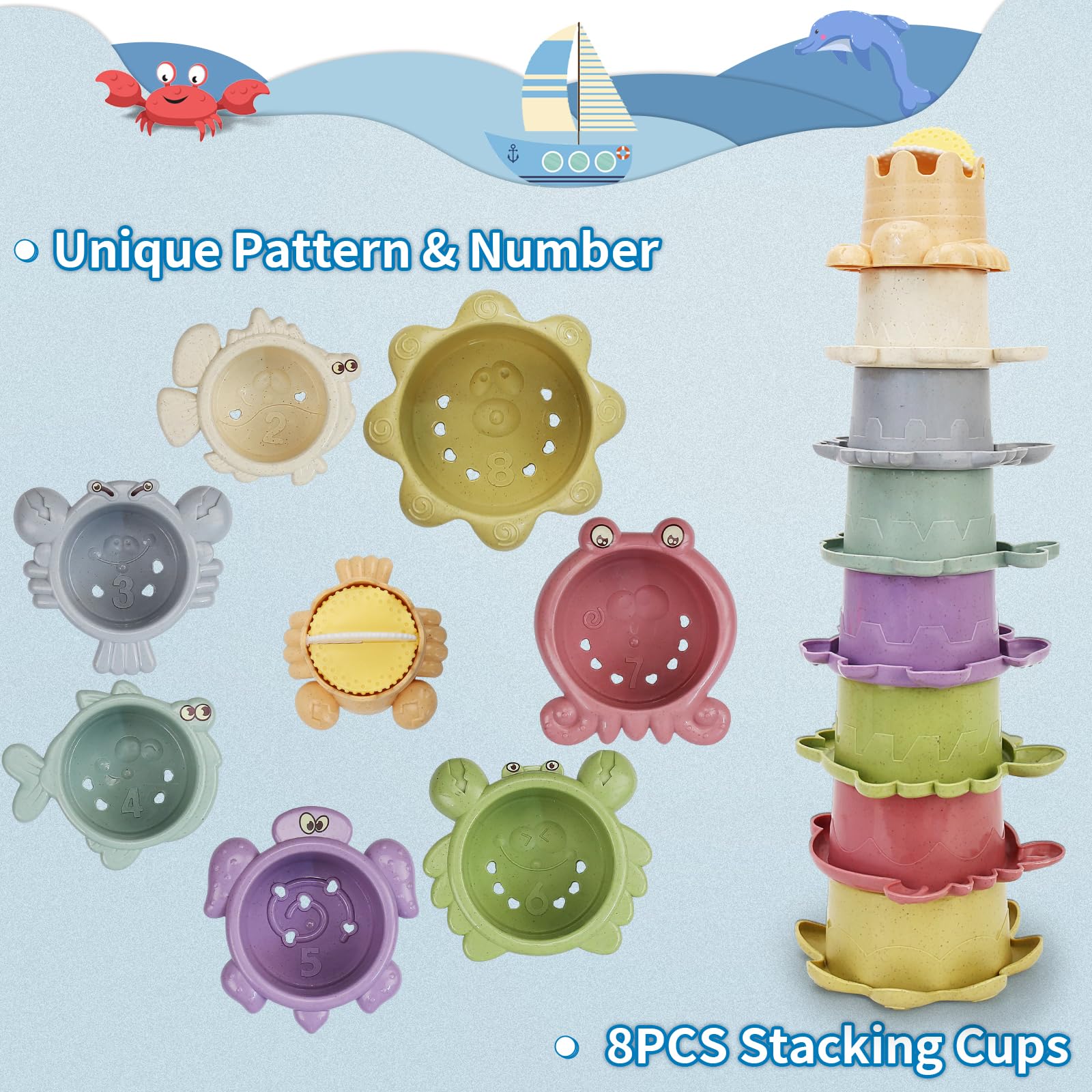 14-Piece Baby Bath Toys Set for Toddlers – Floating Boats, Stacking Cups, Watering Can – Fun Water Table Toys for Kids 1-3 Years