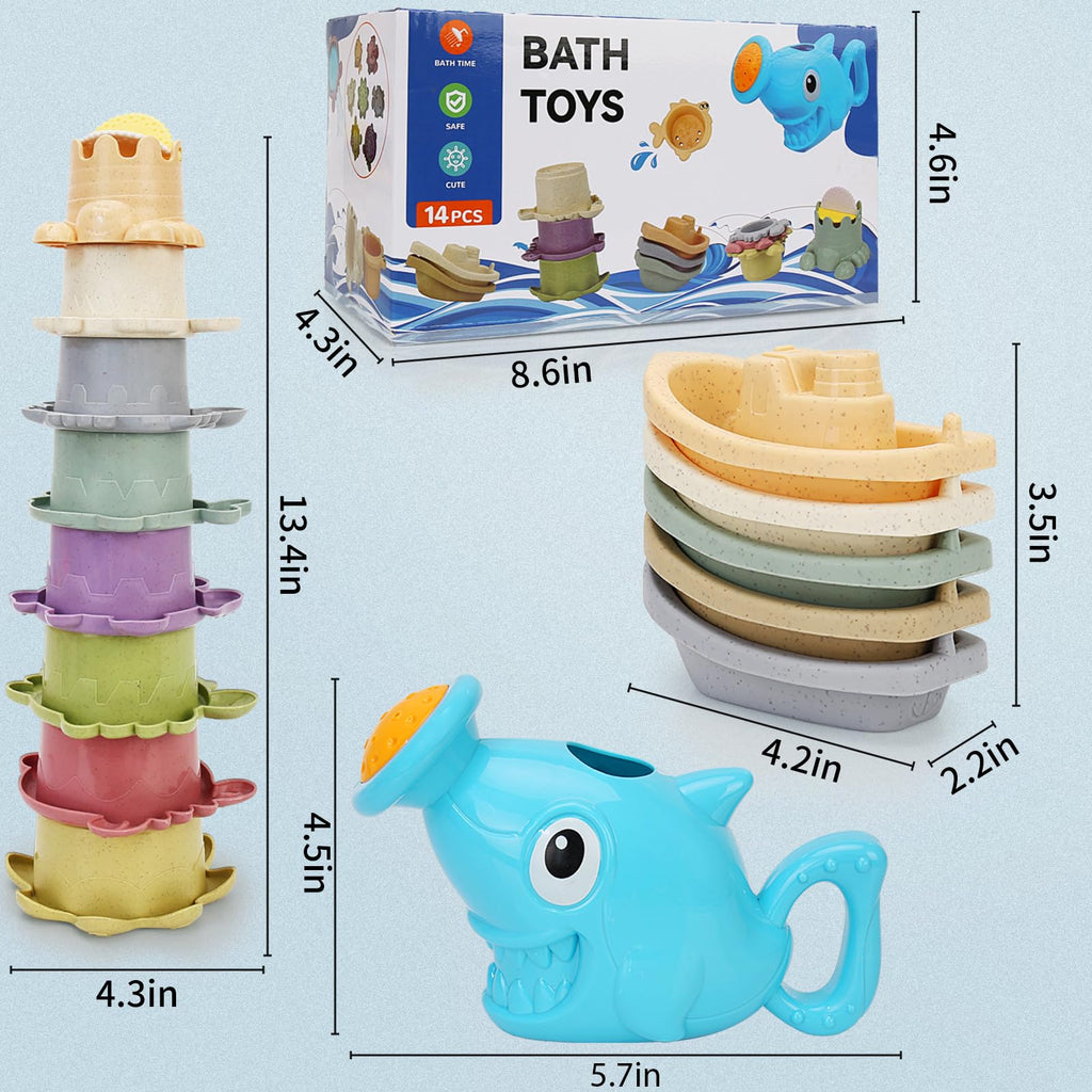 14-Piece Baby Bath Toys Set for Toddlers – Floating Boats, Stacking Cups, Watering Can – Fun Water Table Toys for Kids 1-3 Years