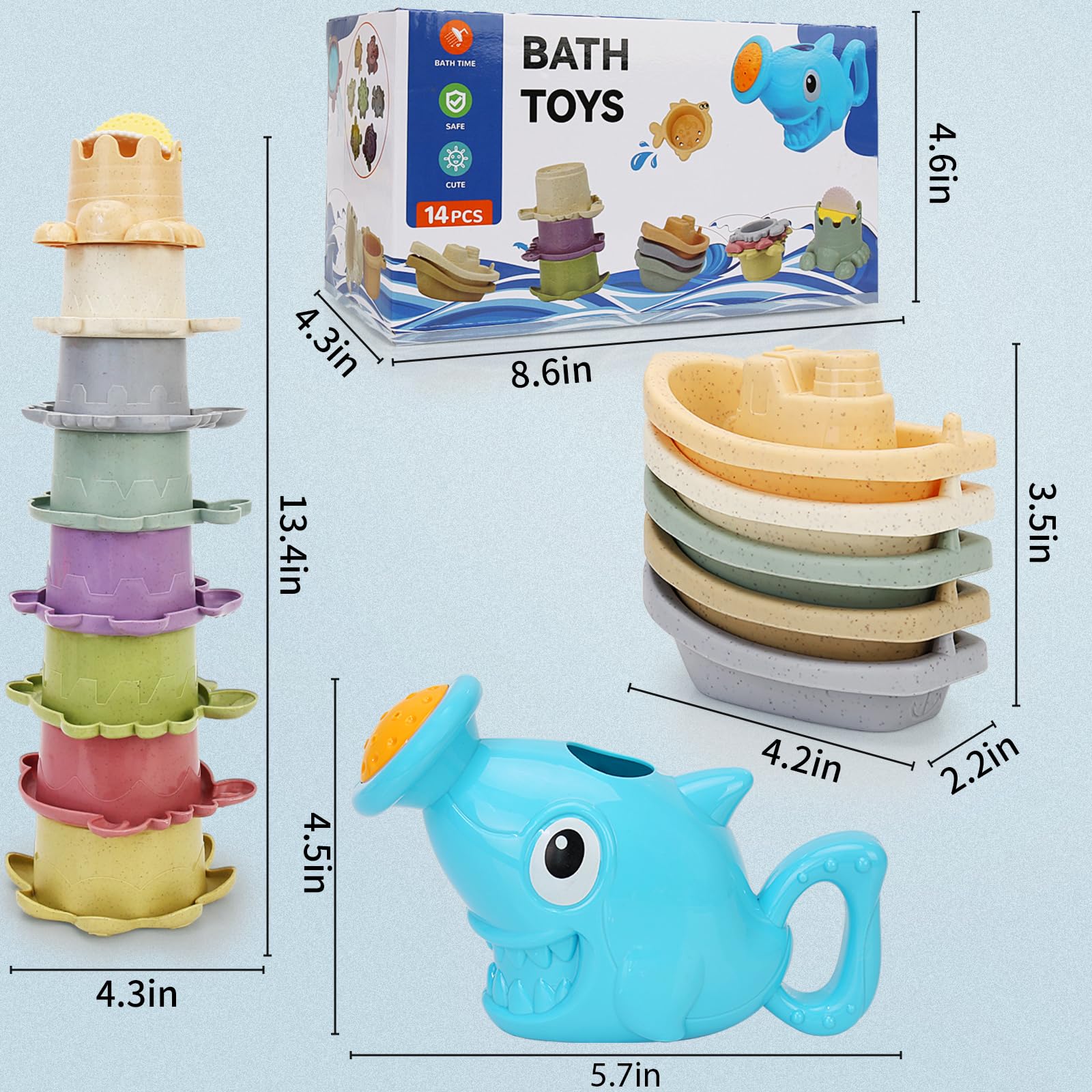 14-Piece Baby Bath Toys Set for Toddlers – Floating Boats, Stacking Cups, Watering Can – Fun Water Table Toys for Kids 1-3 Years