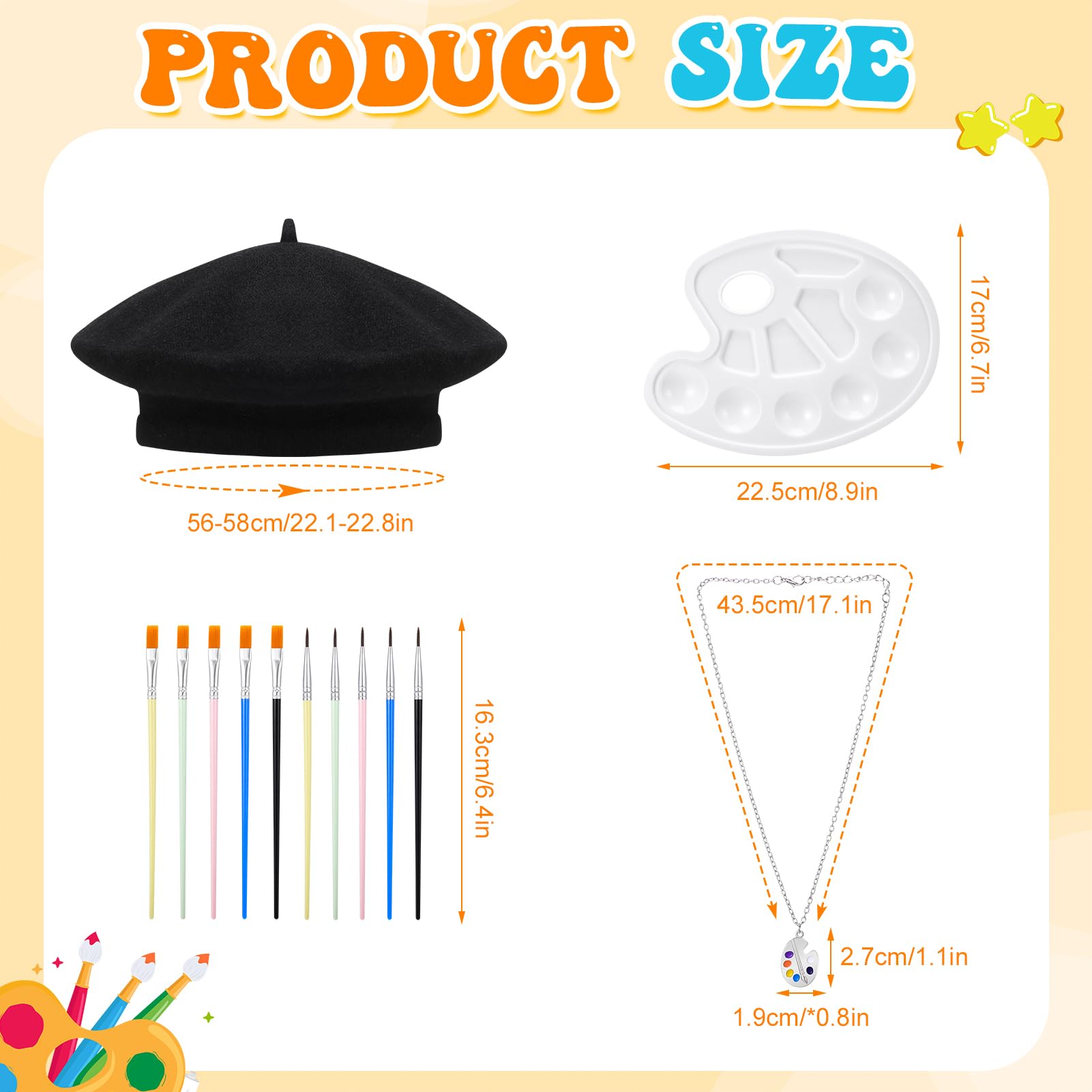 14-Piece Kids Artist Costume Set with Apron, Beret, Brushes, Palette & Necklace