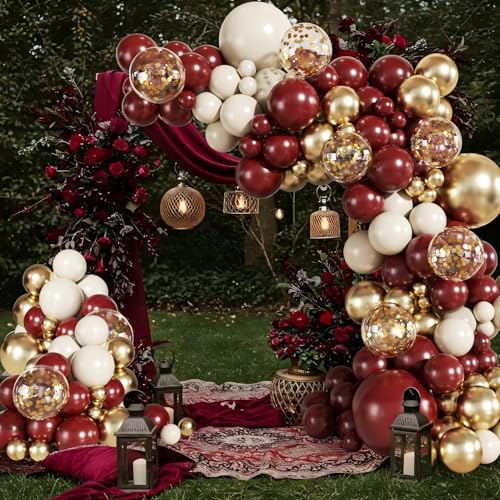 140-Piece Burgundy Balloon Arch Kit with Gold, Nude, and Confetti Balloons for Parties