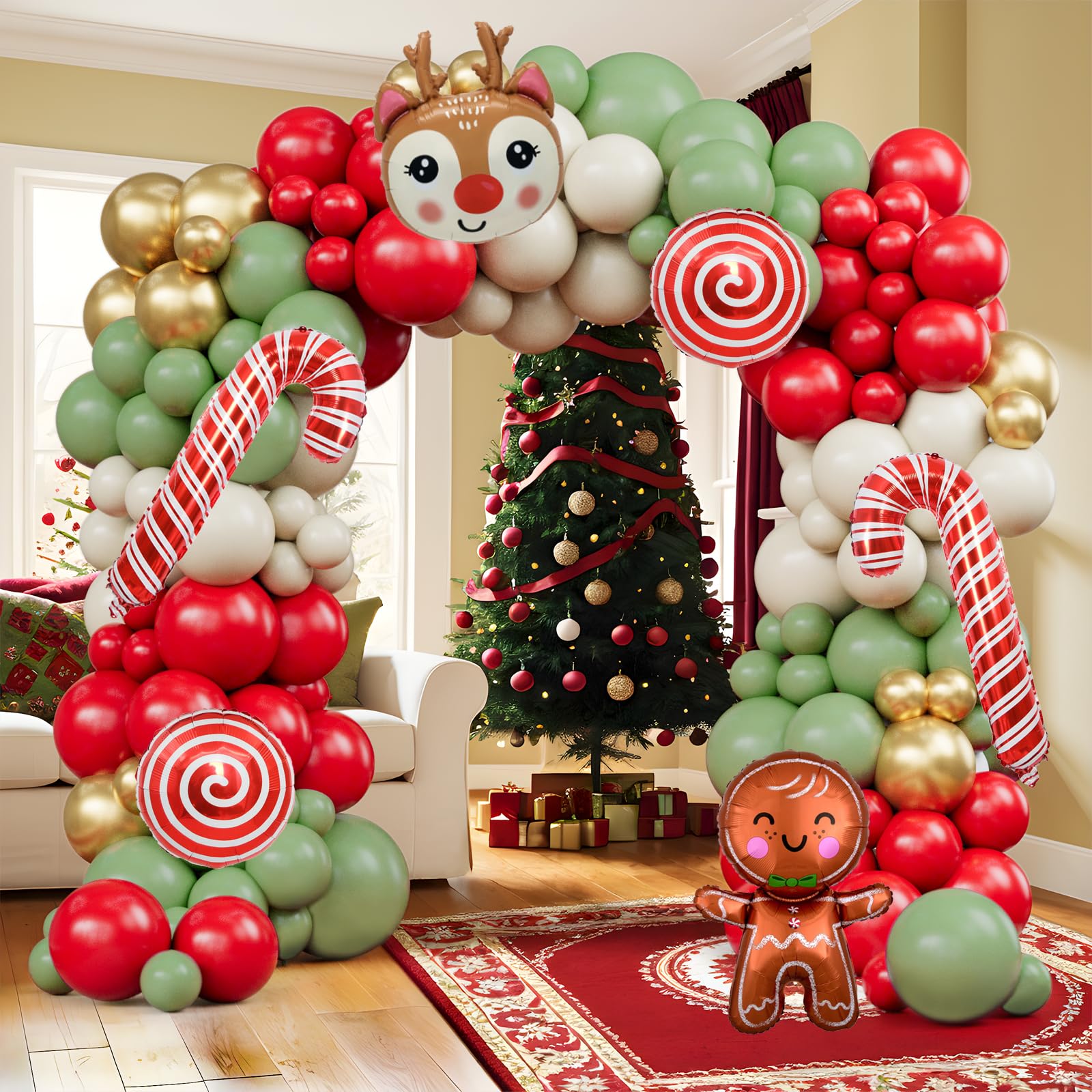 142-Piece Christmas Balloon Arch Kit - Sage Green, Red, Sand & Gold with Foil Shapes