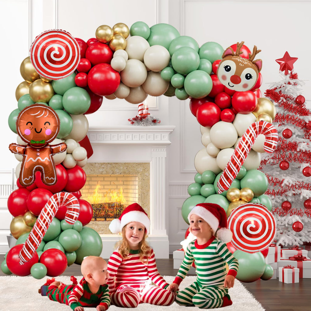 142-Piece Christmas Balloon Arch Kit - Sage Green, Red, Sand & Gold with Foil Shapes