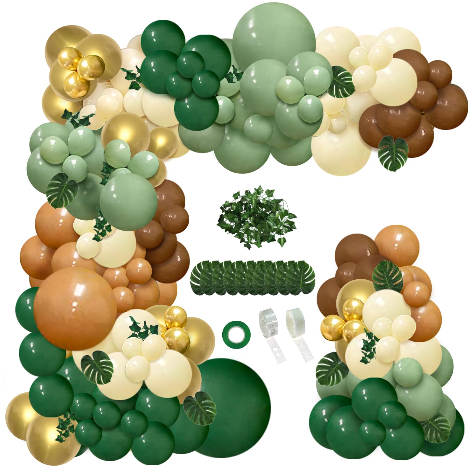 142-Piece Jungle Safari Balloon Arch Kit – Sage Green & Brown with Palm Leaves for Wild One or Woodland Party Decor