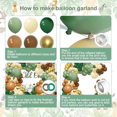 142-Piece Jungle Safari Balloon Arch Kit – Sage Green & Brown with Palm Leaves for Wild One or Woodland Party Decor