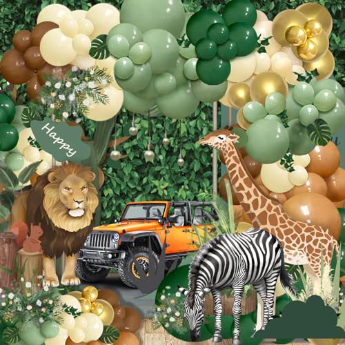 142-Piece Jungle Safari Balloon Arch Kit – Sage Green & Brown with Palm Leaves for Wild One or Woodland Party Decor