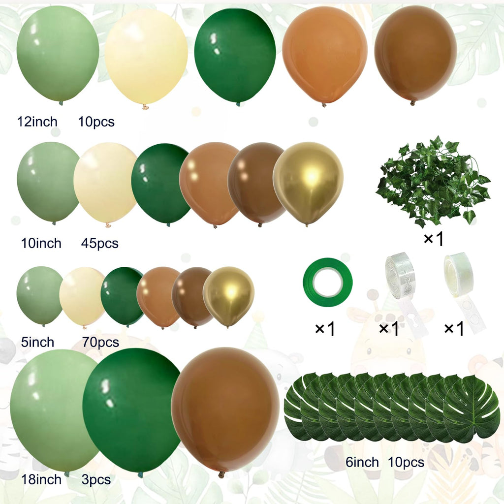 142-Piece Jungle Safari Balloon Arch Kit – Sage Green & Brown with Palm Leaves for Wild One or Woodland Party Decor