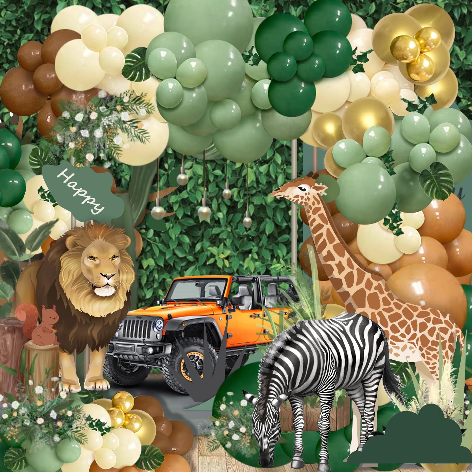 142-Piece Jungle Safari Balloon Arch Kit – Sage Green & Brown with Palm Leaves for Wild One or Woodland Party Decor