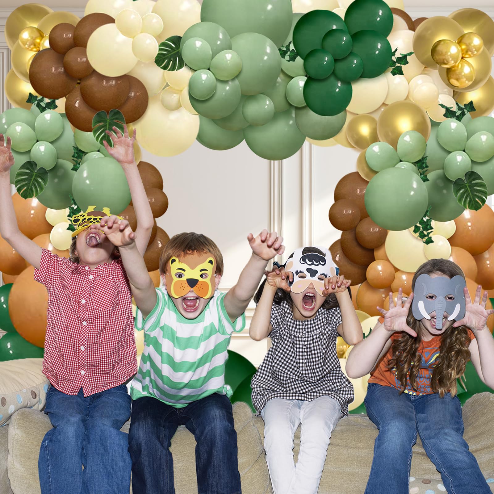 142-Piece Jungle Safari Balloon Arch Kit – Sage Green & Brown with Palm Leaves for Wild One or Woodland Party Decor