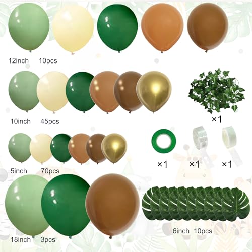 142-Piece Jungle Safari Balloon Arch Kit – Sage Green & Brown with Palm Leaves for Wild One or Woodland Party Decor