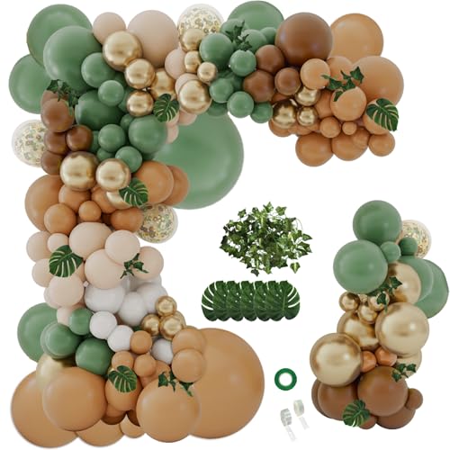 142-Piece Sage Green and Brown Balloon Garland Kit for Jungle Safari Woodland Party Decorations