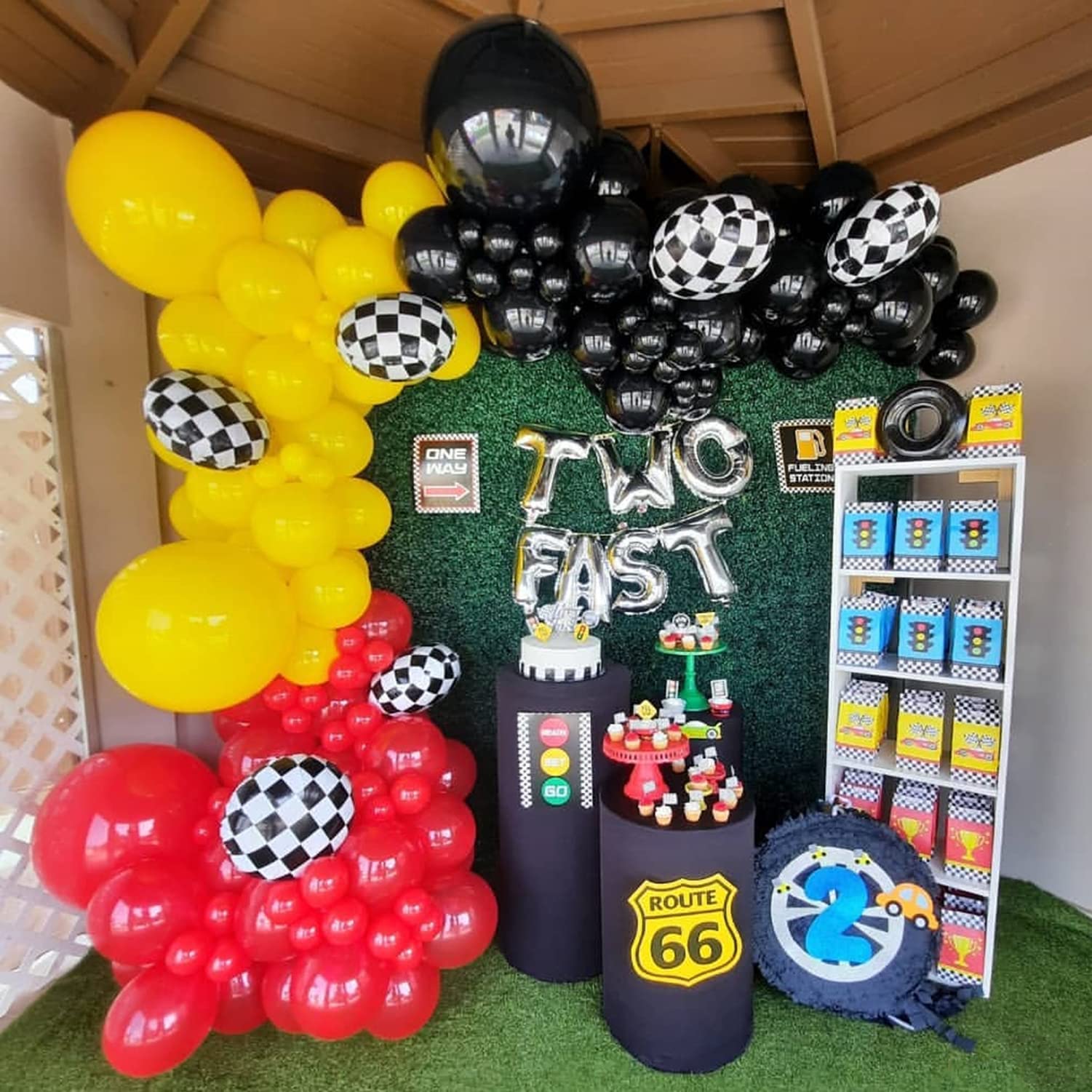 146-Piece Race Car Balloon Arch Garland Kit - Checkered Foil & Latex Balloons for Car Themed Birthday Party Decorations