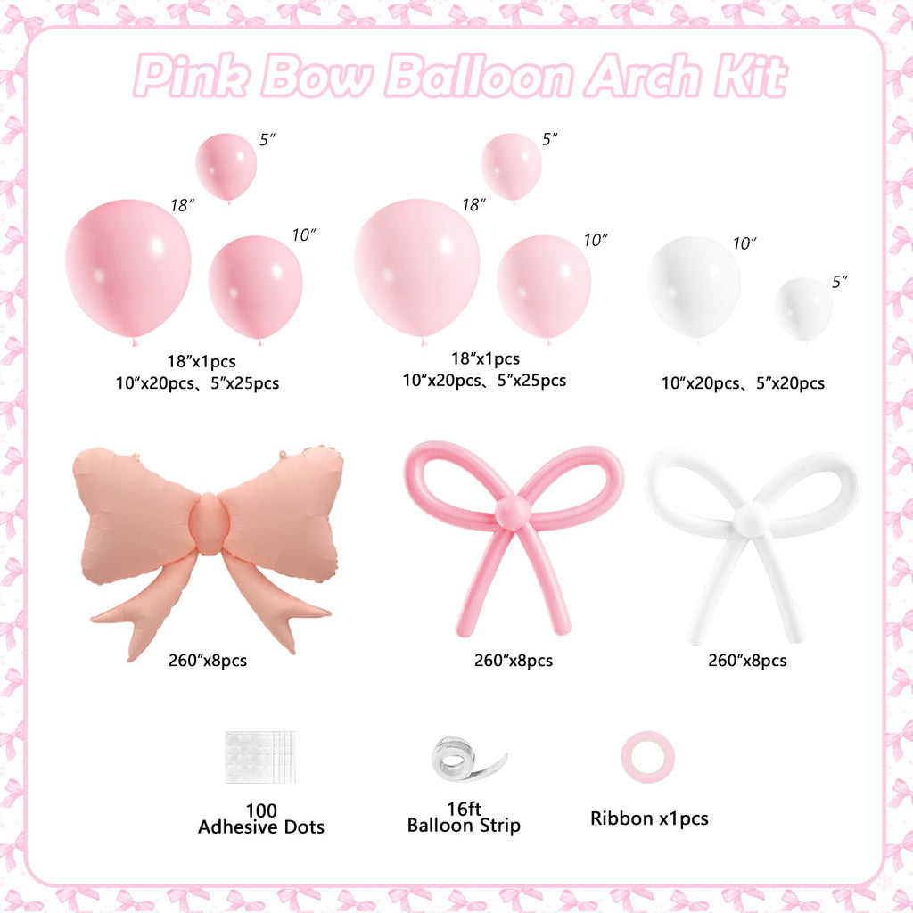 149-Piece Pink & White Bow Balloon Garland Arch Kit for Coquette Birthday, Wedding, Baby Shower & More