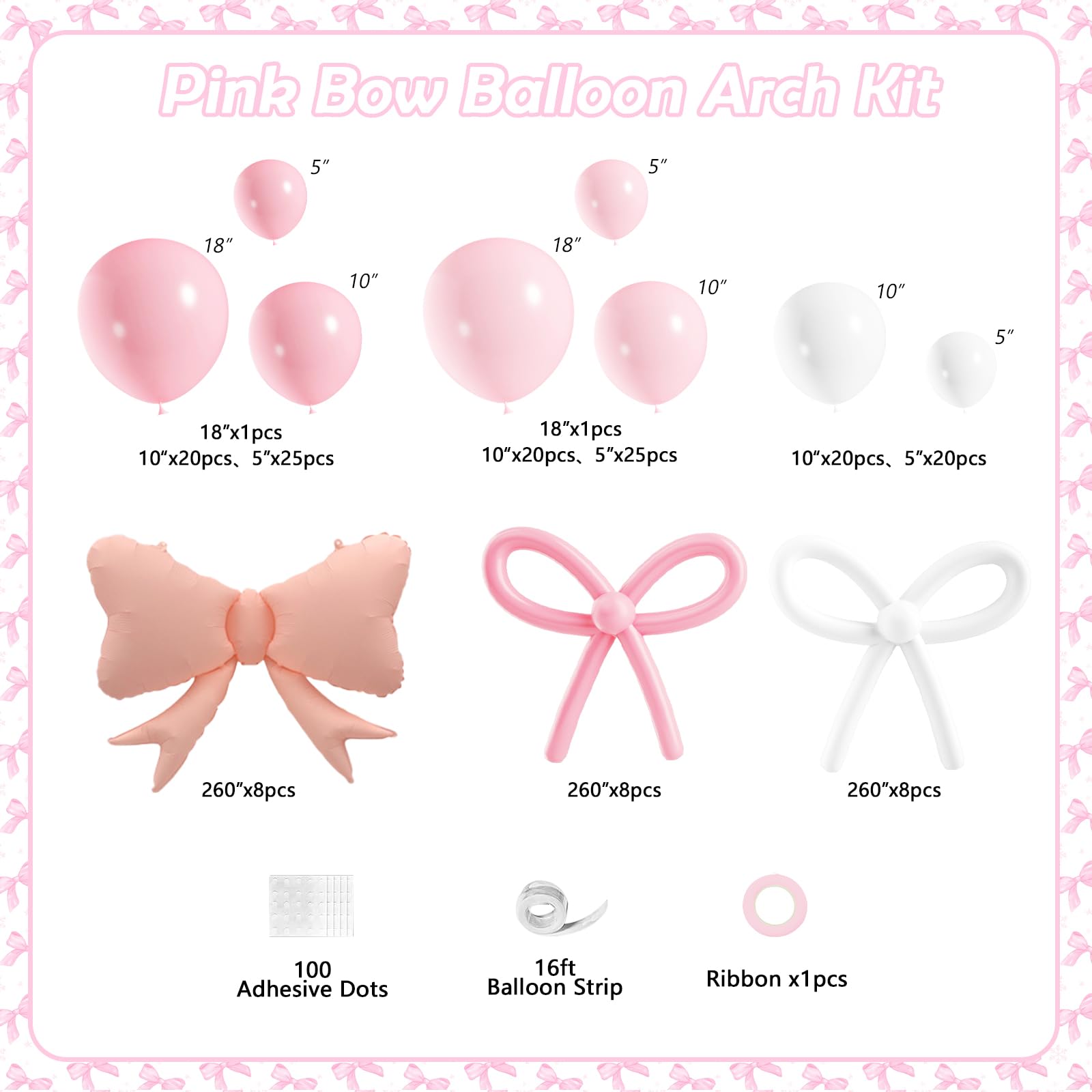 149-Piece Pink & White Bow Balloon Garland Arch Kit for Coquette Birthday, Wedding, Baby Shower & More