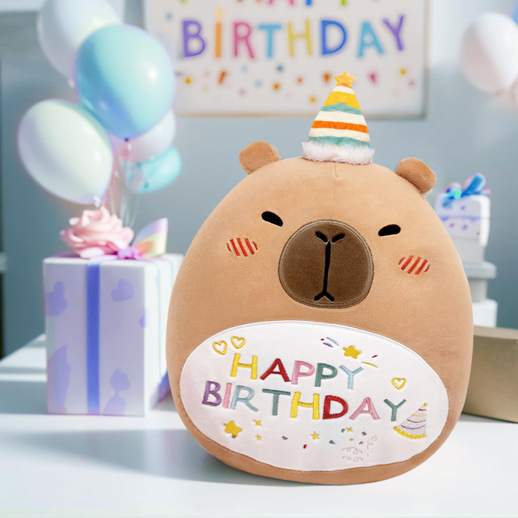 14in Capybara Birthday Plush Pillow – Soft PP Cotton Stuffed Animal with Birthday Hat, Cute Gift for Kids