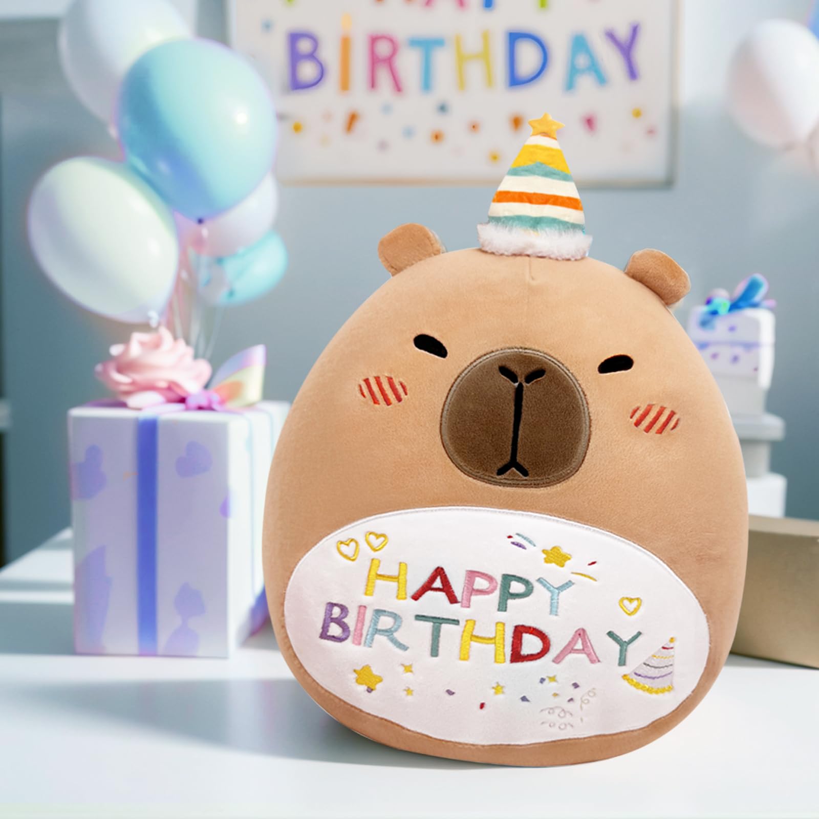 14in Capybara Birthday Plush Pillow – Soft PP Cotton Stuffed Animal with Birthday Hat, Cute Gift for Kids