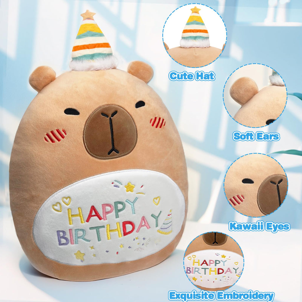 14in Capybara Birthday Plush Pillow – Soft PP Cotton Stuffed Animal with Birthday Hat, Cute Gift for Kids