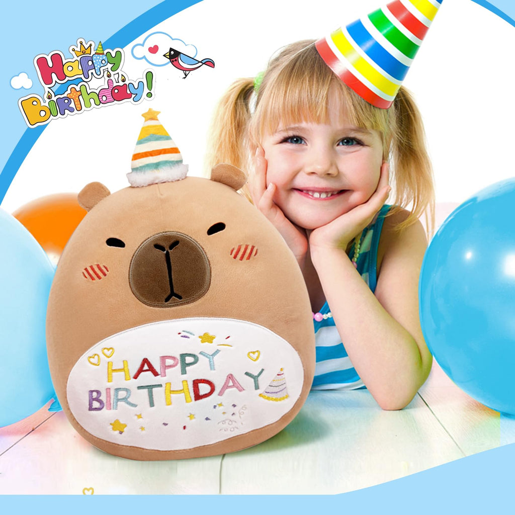 14in Capybara Birthday Plush Pillow – Soft PP Cotton Stuffed Animal with Birthday Hat, Cute Gift for Kids