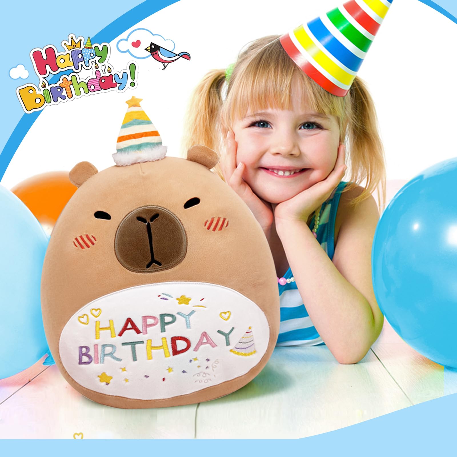 14in Capybara Birthday Plush Pillow – Soft PP Cotton Stuffed Animal with Birthday Hat, Cute Gift for Kids