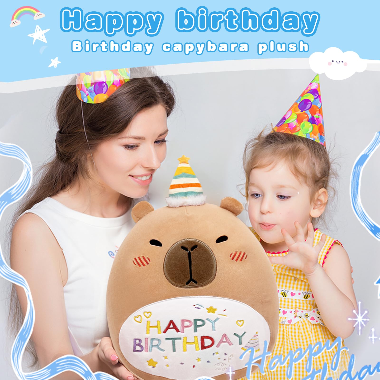 14in Capybara Birthday Plush Pillow – Soft PP Cotton Stuffed Animal with Birthday Hat, Cute Gift for Kids