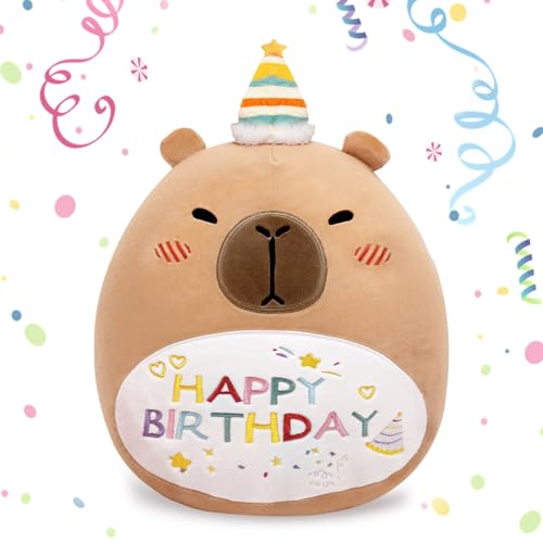 14in Capybara Birthday Plush Pillow – Soft PP Cotton Stuffed Animal with Birthday Hat, Cute Gift for Kids