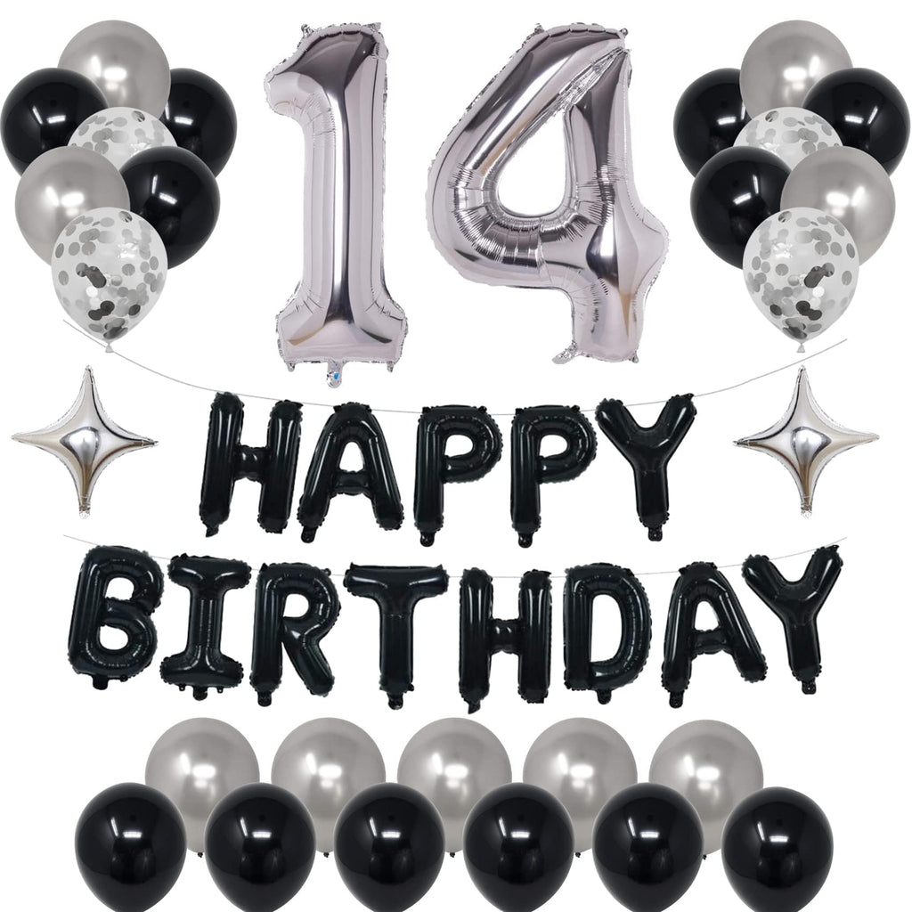 14th Birthday Decorations Kit with Banner, Balloons, and Confetti - Black & Silver - NANINUNENO