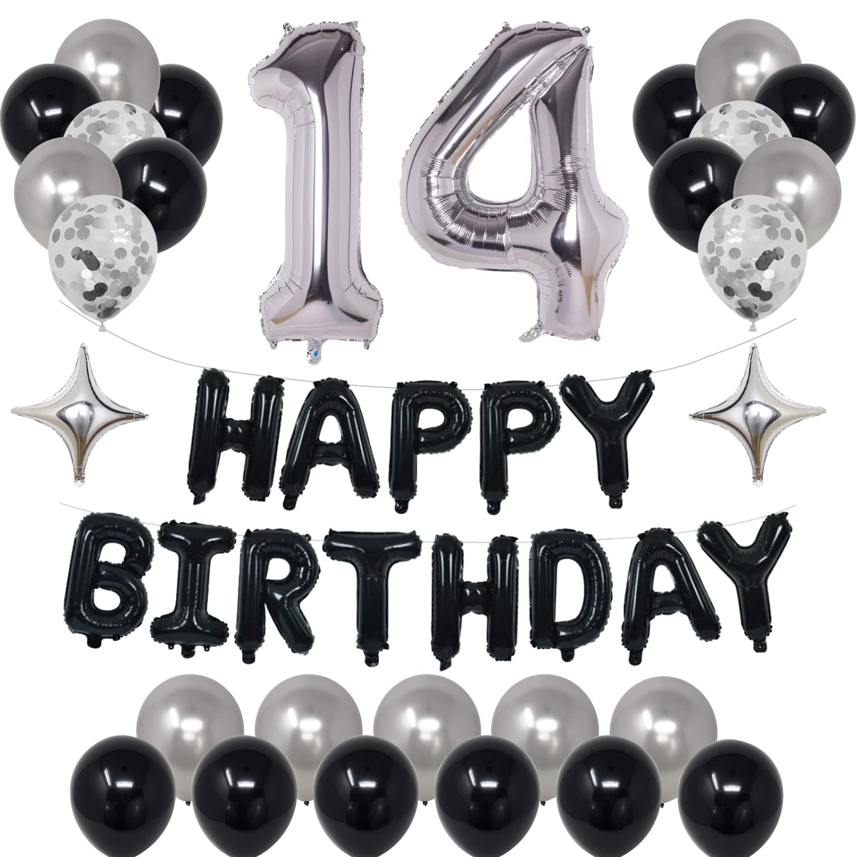 14th Birthday Decorations Kit with Banner, Balloons, and Confetti - Black & Silver - NANINUNENO