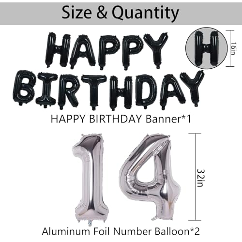 14th Birthday Decorations Kit with Banner, Balloons, and Confetti - Black & Silver - NANINUNENO