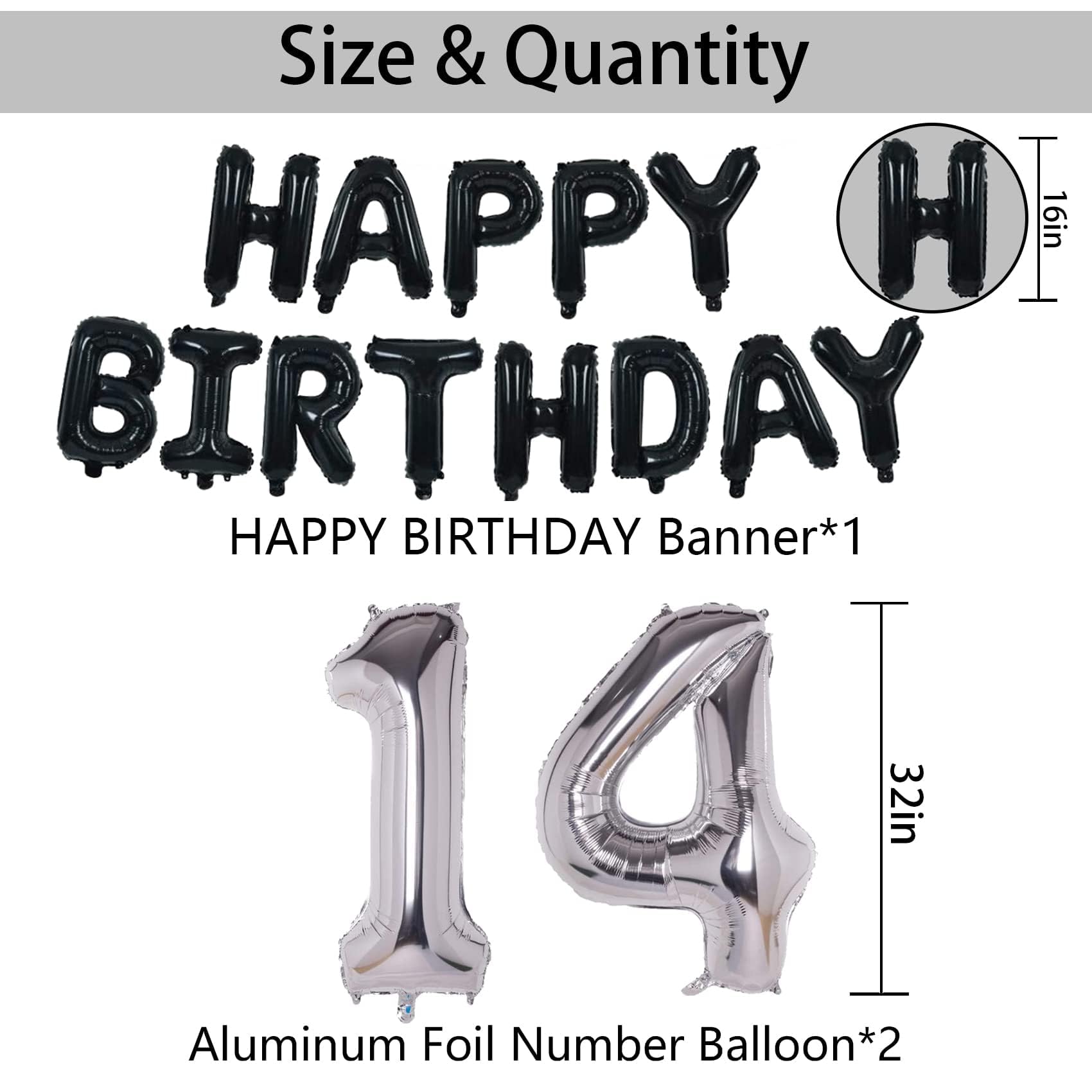 14th Birthday Decorations Kit with Banner, Balloons, and Confetti - Black & Silver - NANINUNENO