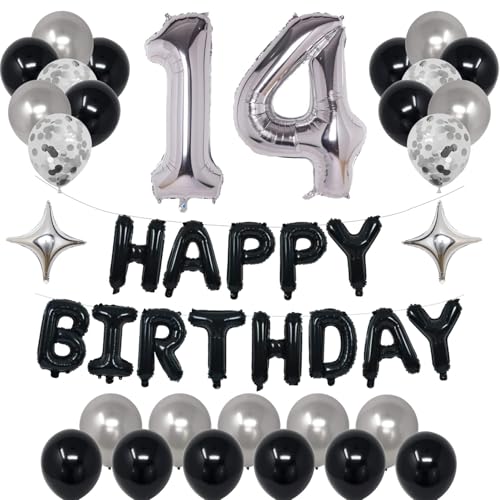 14th Birthday Decorations Kit with Banner, Balloons, and Confetti - Black & Silver - NANINUNENO