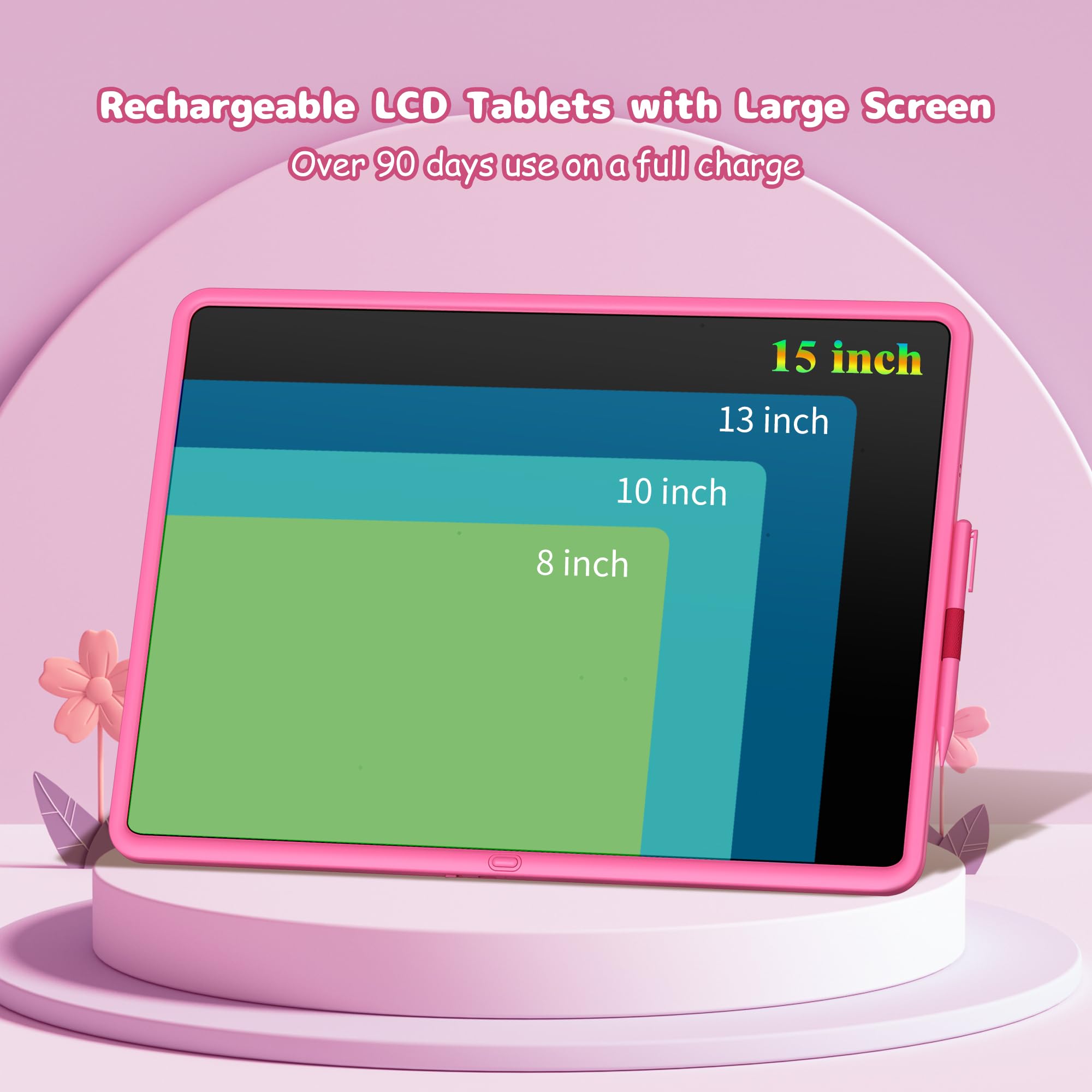 15-Inch LCD Writing Tablet for Kids - Pink, Rechargeable Doodle Board with Stylus, Educational Toy for Ages 3+
