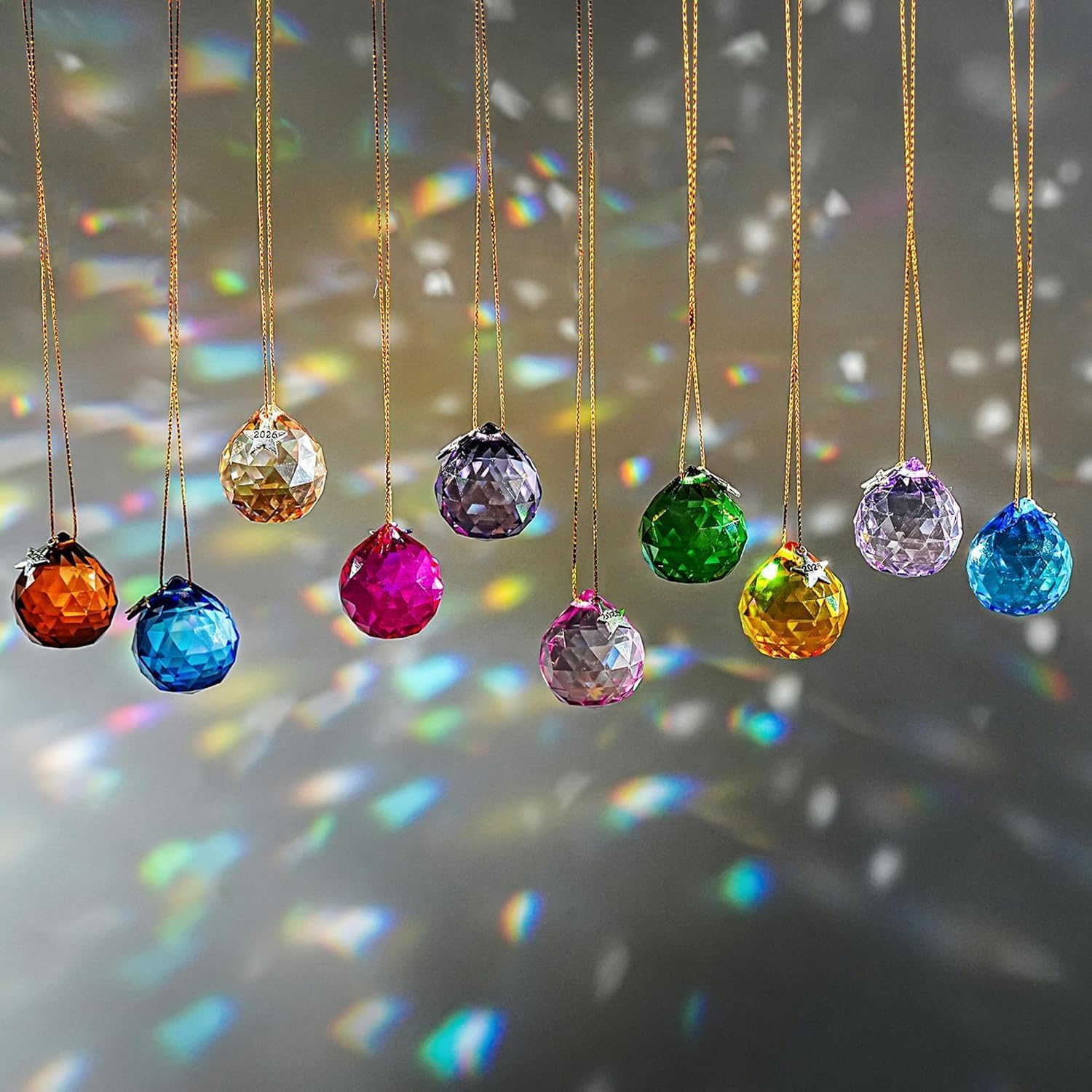 15 Multi-Color Crystal Ball Prisms with 2026 Tag – K9 Crystal Hanging Decor for Windows, Parties, Weddings