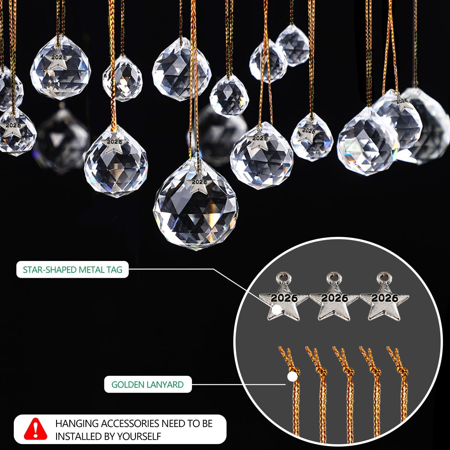 15 Multi-Color Crystal Ball Prisms with 2026 Tag – K9 Crystal Hanging Decor for Windows, Parties, Weddings