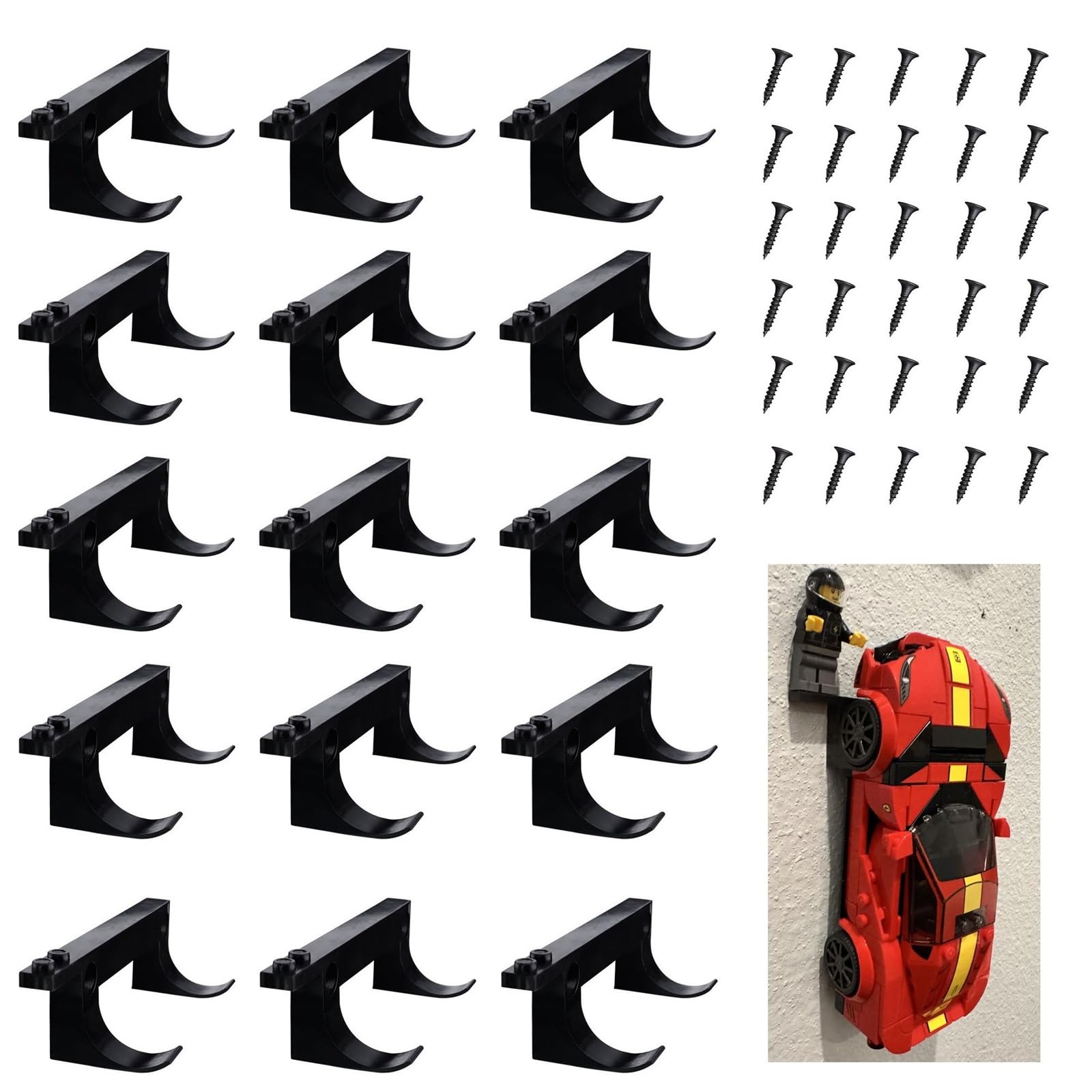 15-Pack Black Wall Mount for Lego Speed Champions Cars with Figure Base