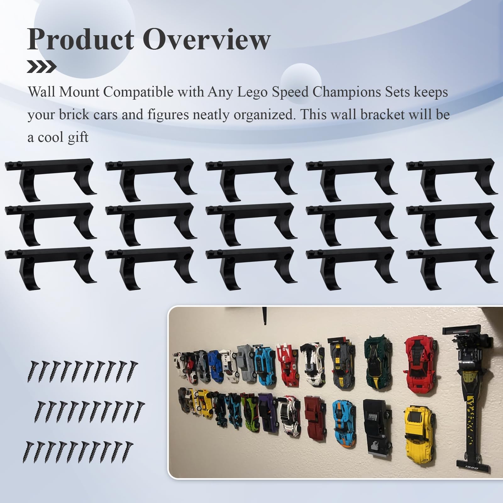 15-Pack Black Wall Mount for Lego Speed Champions Cars with Figure Base