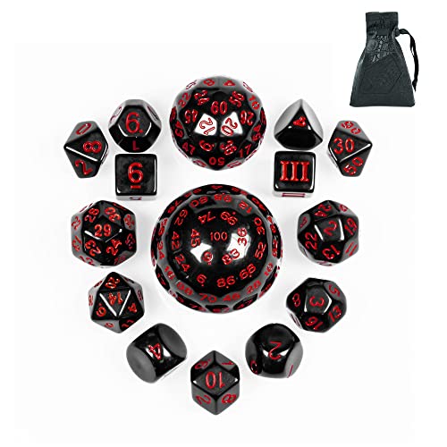 15-Piece DND Dice Set D3-D100 with Dragon Eye Bag – Polyhedral Acrylic RPG Dice (Black/Red Numbers)