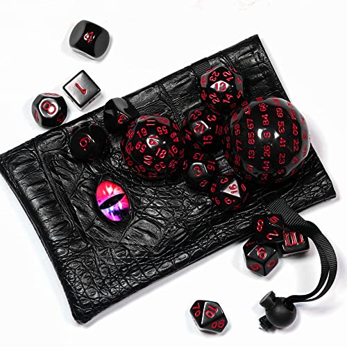 15-Piece DND Dice Set D3-D100 with Dragon Eye Bag – Polyhedral Acrylic RPG Dice (Black/Red Numbers)