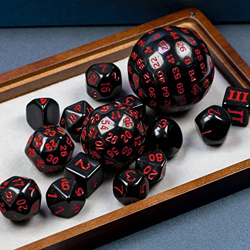 15-Piece DND Dice Set D3-D100 with Dragon Eye Bag – Polyhedral Acrylic RPG Dice (Black/Red Numbers)
