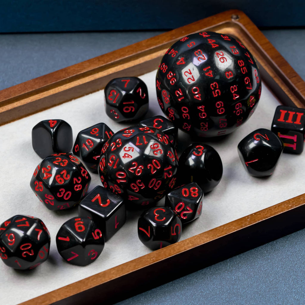 15-Piece DND Dice Set D3-D100 with Dragon Eye Bag – Polyhedral Acrylic RPG Dice (Black/Red Numbers)