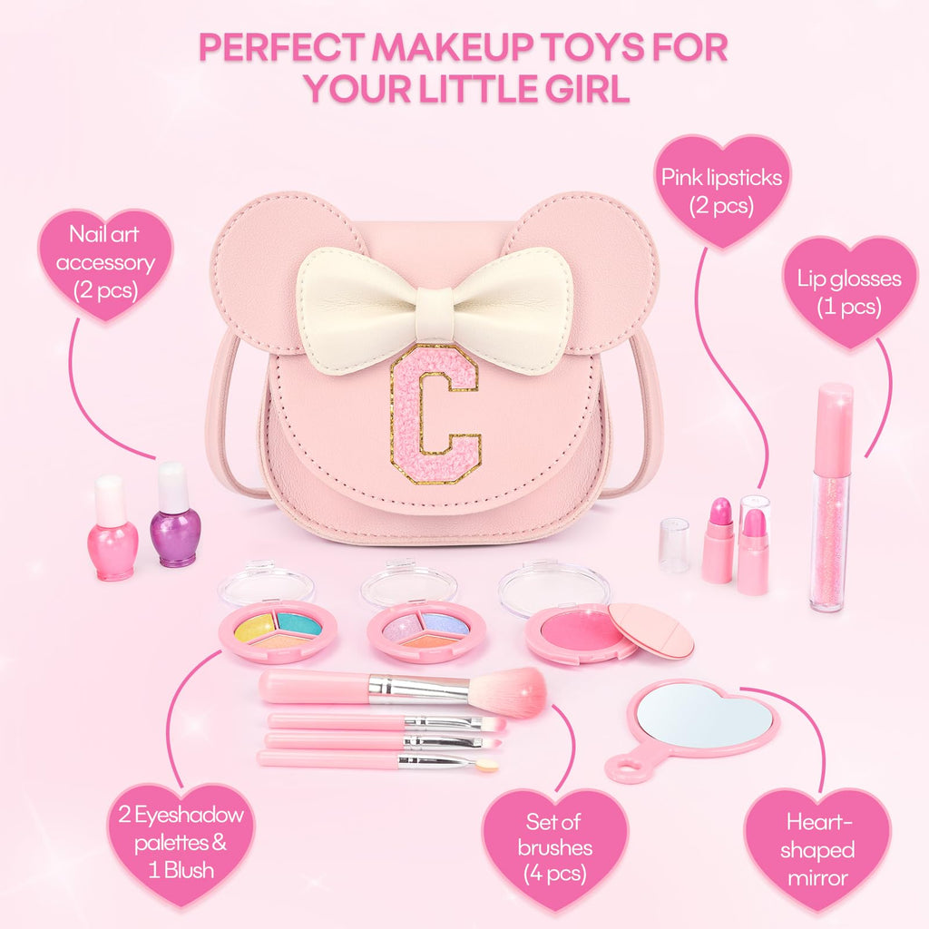 15-Piece Kids Makeup Kit for Girls – Washable, Non-Toxic Toddler Cosmetics in a Pink Crossbody Purse – Gift for 3-8 Year Olds
