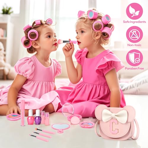 15-Piece Kids Makeup Kit for Girls – Washable, Non-Toxic Toddler Cosmetics in a Pink Crossbody Purse – Gift for 3-8 Year Olds