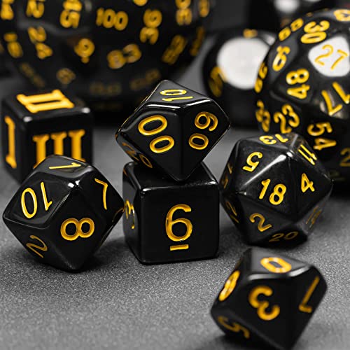 15-Piece Polyhedral DND Dice Set D3 to D100 - Black with Yellow Numbers, Includes Dragon Eye Dice Bag
