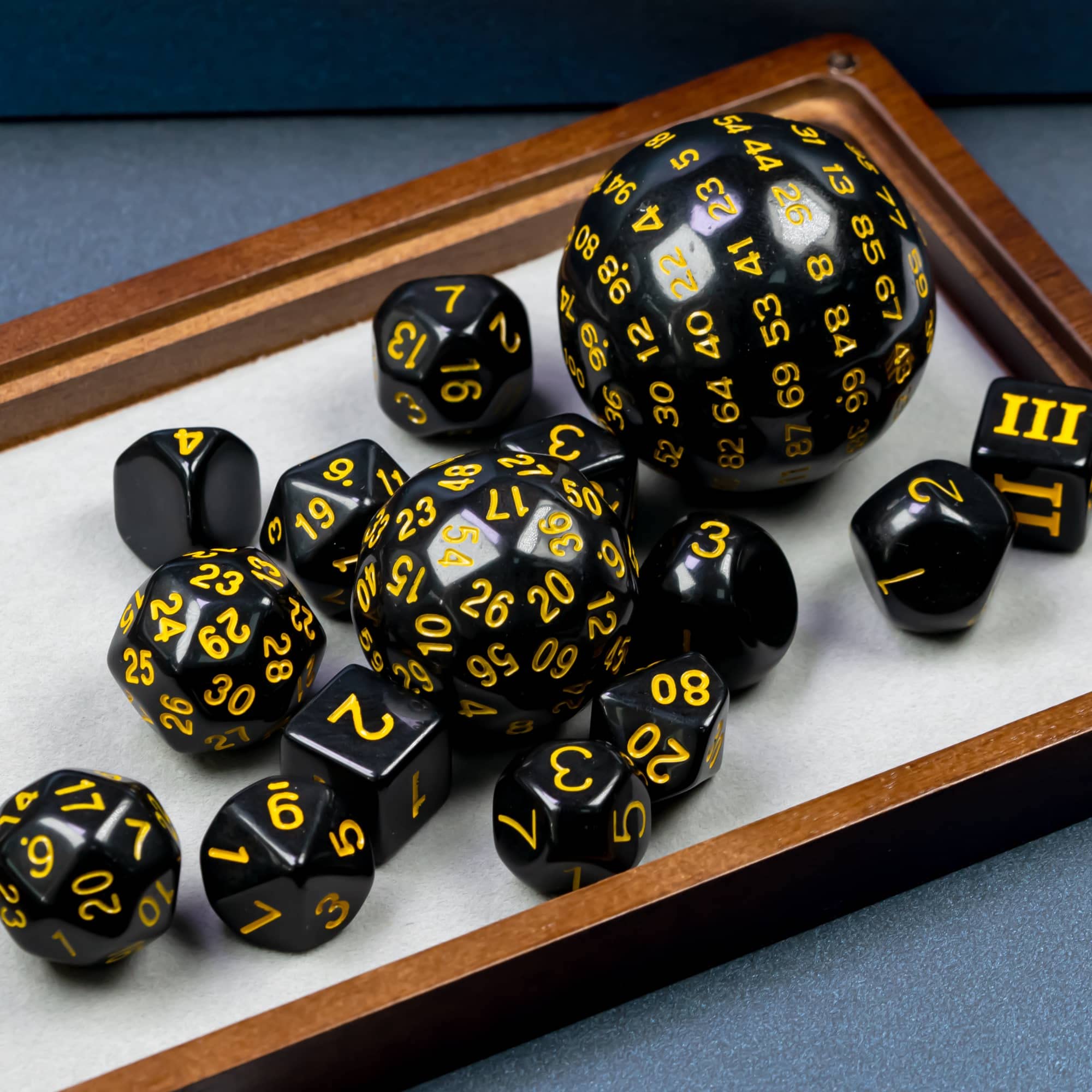 15-Piece Polyhedral DND Dice Set D3 to D100 - Black with Yellow Numbers, Includes Dragon Eye Dice Bag